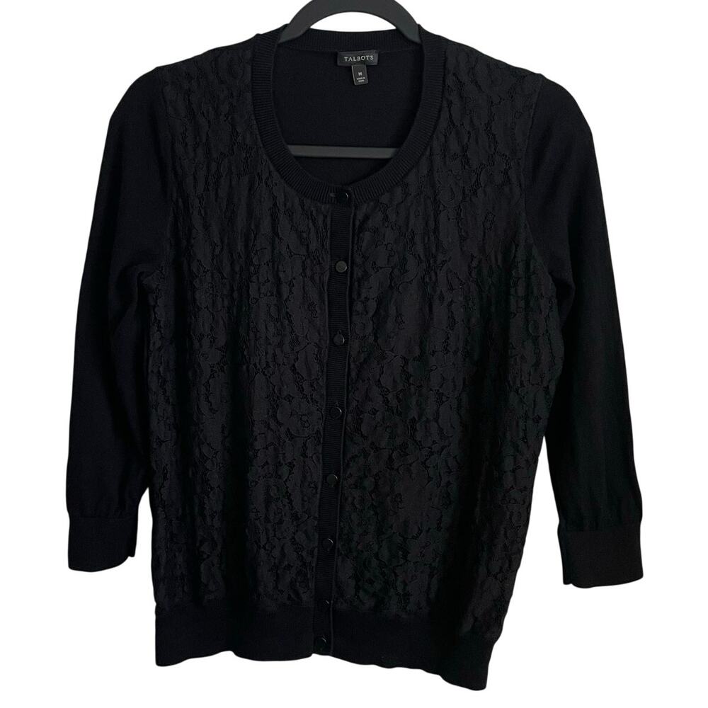 Talbots Cardigan Sweater Sz M Lace Front Black 3/4 Sleeves Button Front Feminine